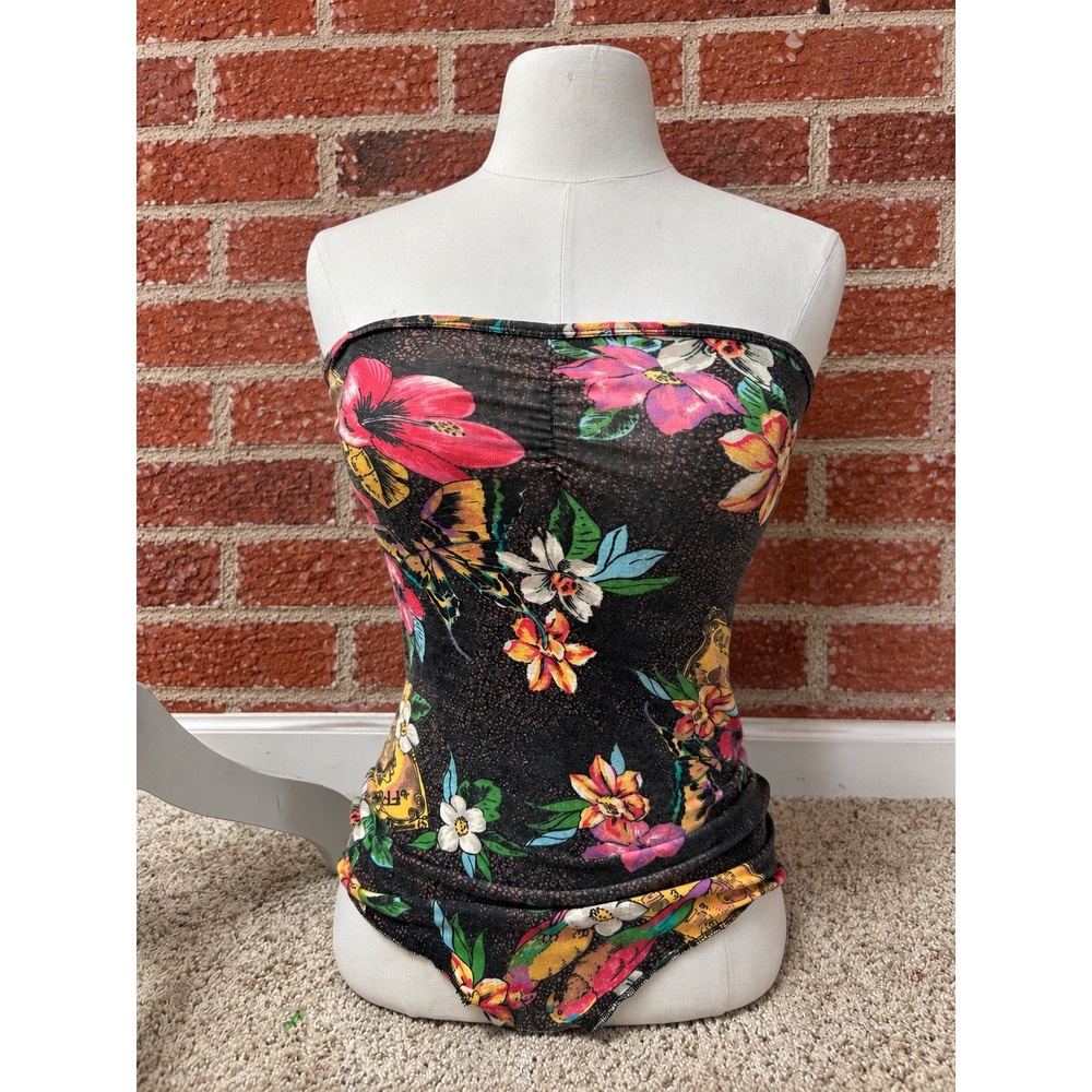 Tropical Floral Strapless Tube Bodysuit M Festival Resortwear Y2K Boho Festival